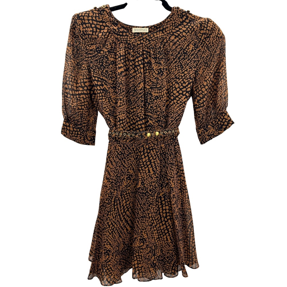 Whistles Silk Mini Dress Brown Black Animal Print Belted‎ Fit Flare 3/4 Sleeve 4